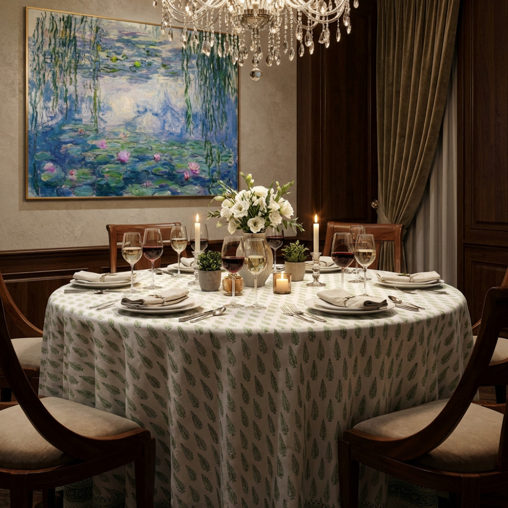 Image of Hand Block Printed Cotton Round Tablecloth 180 cms | Winter Fall Tree Vineyard 302395