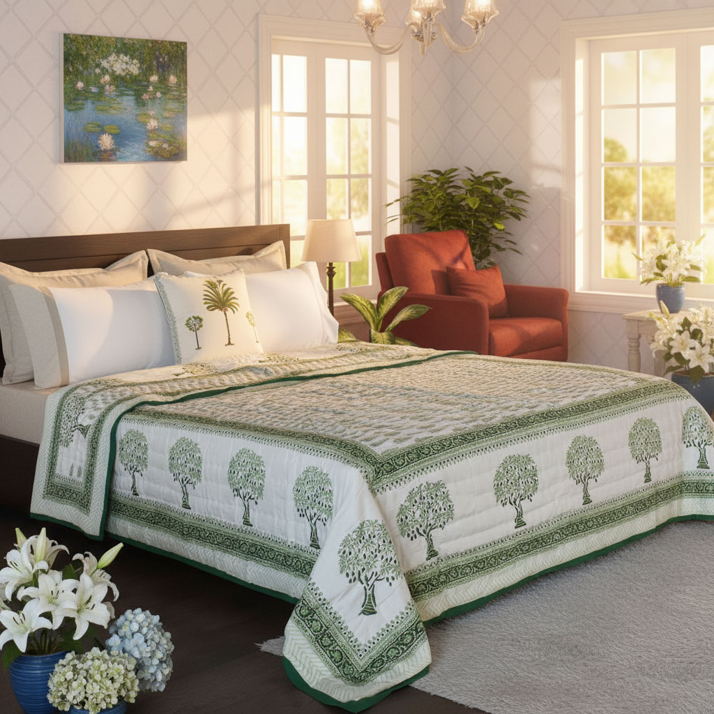 Hand Block Printed Cotton Queen Size Quilt  Winter Fall Tree Vineyard 302395