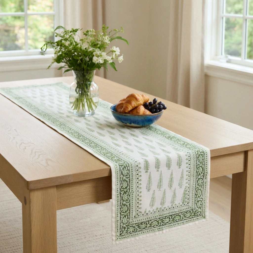 Hand Block Printed Cotton Canvas Table Runner 33x170 cms Winter Fall Tree Vineyard 302395