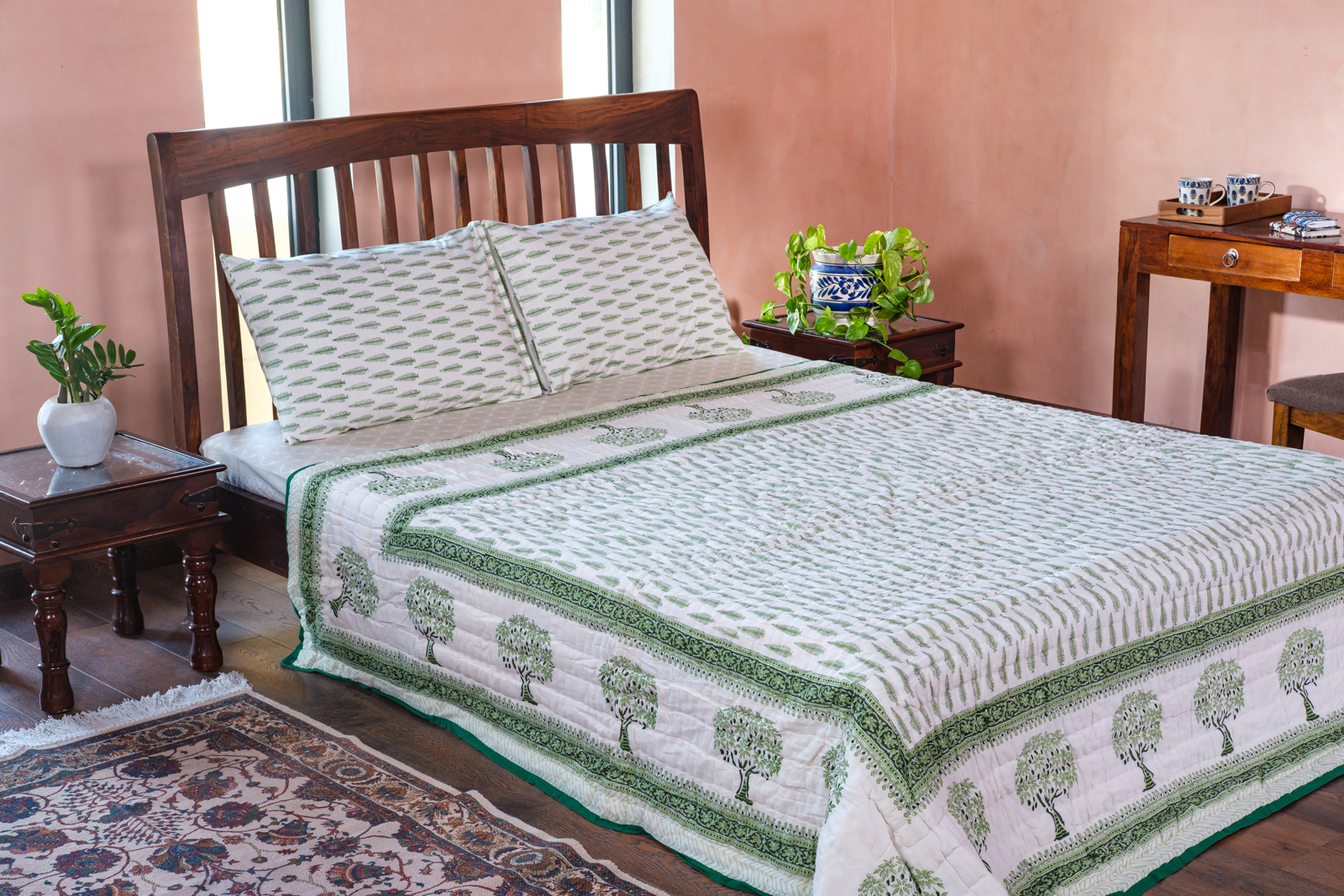 Hand Block Printed Cotton Queen Size Quilt  Winter Fall Tree Vineyard 302395