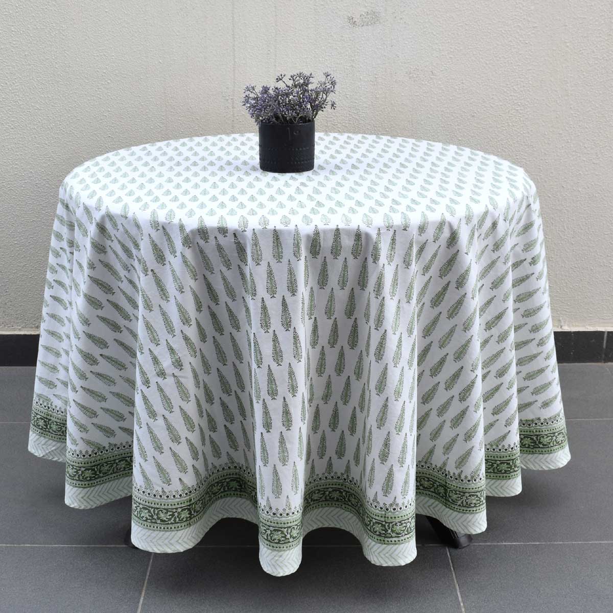 Hand Block Printed Cotton Round Tablecloth 180 cms  Winter Fall Tree Vineyard 302395