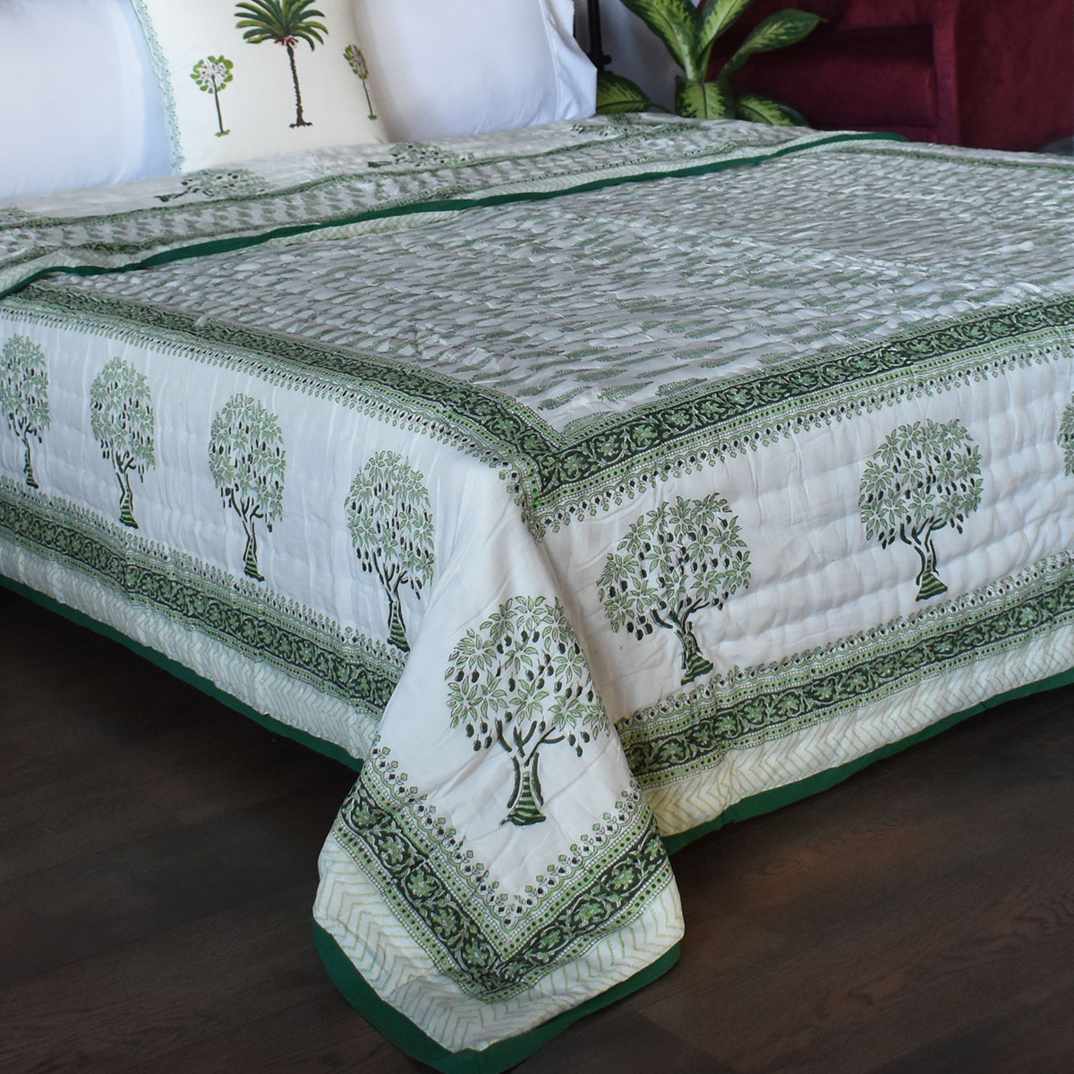Hand Block Printed Cotton Queen Size Quilt  Winter Fall Tree Vineyard 302395