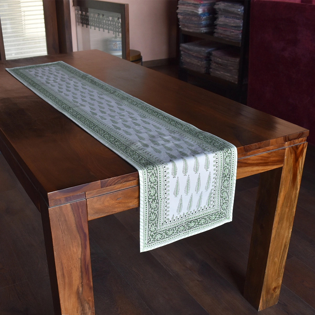 Hand Block Printed Cotton Canvas Table Runner 33x170 cms Winter Fall Tree Vineyard 302395