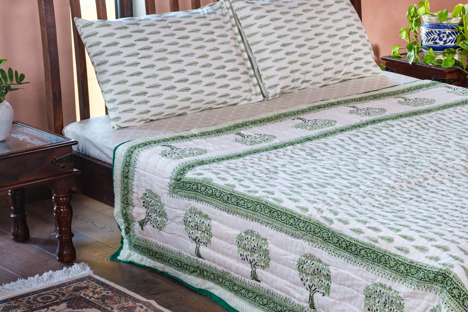 Hand Block Printed Cotton Queen Size Quilt  Winter Fall Tree Vineyard 302395