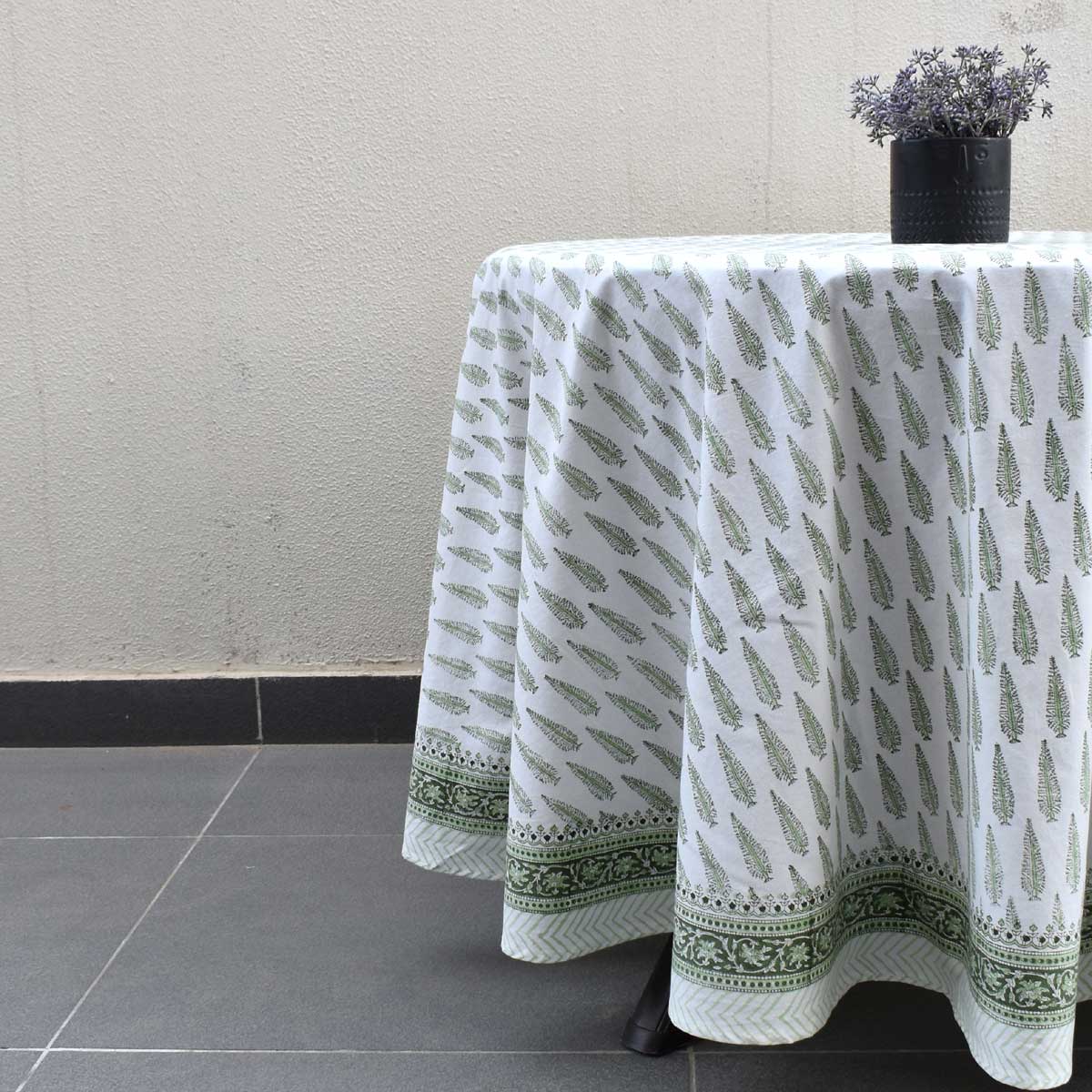 Hand Block Printed Cotton Round Tablecloth 275cm Winter Fall Tree Vineyard 302395