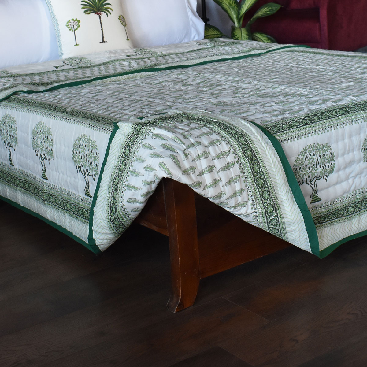 Hand Block Printed Cotton Queen Size Quilt Winter Fall Tree Vineyard 302395