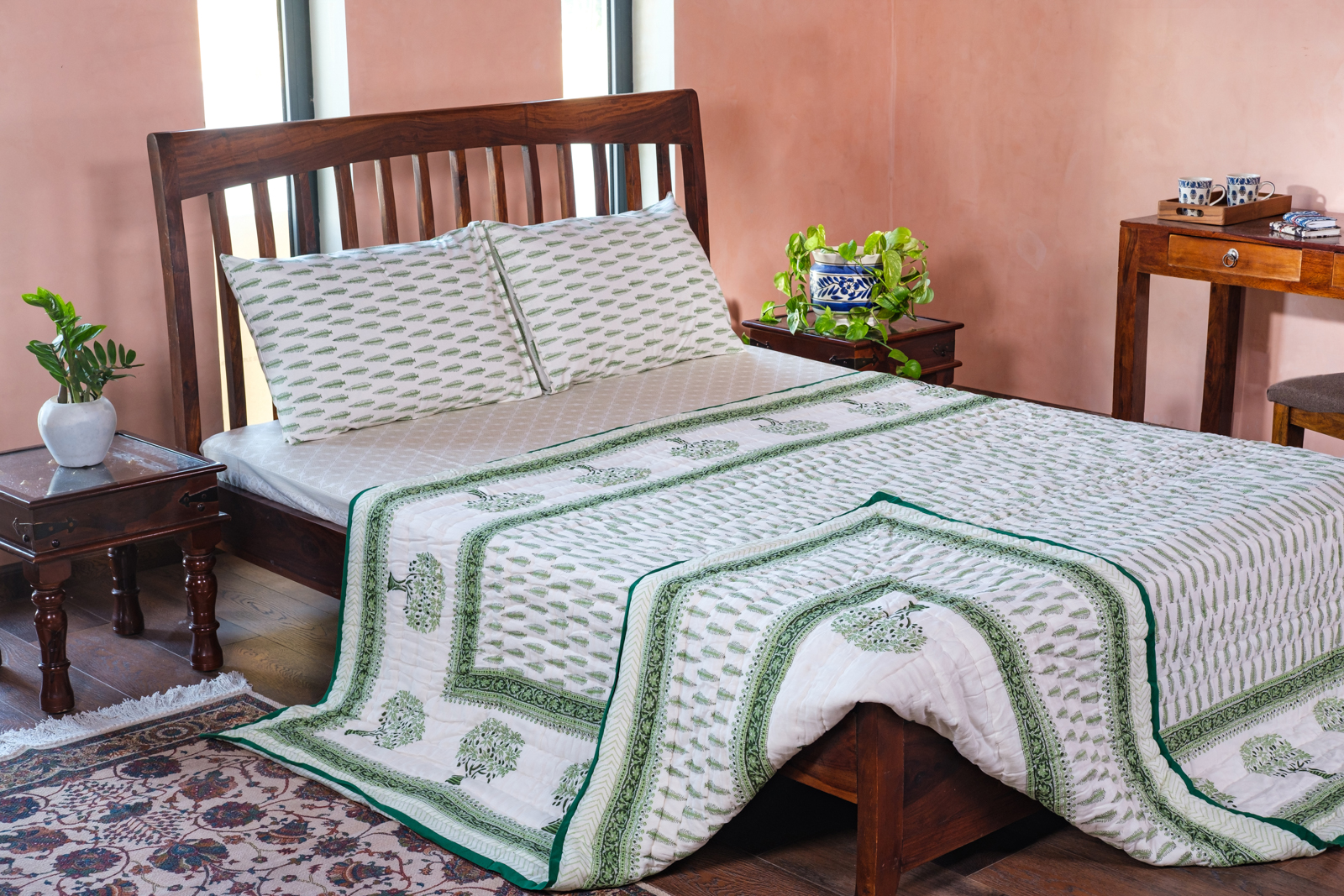 Hand Block Printed Cotton Queen Size Quilt Winter Fall Tree Vineyard 302395