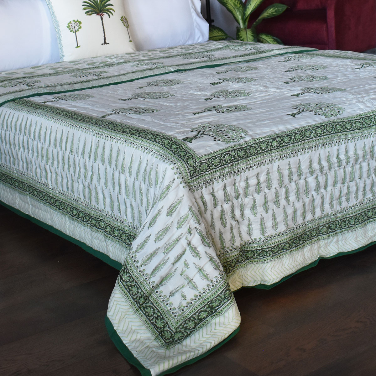 Hand Block Printed Cotton Queen Size Quilt Winter Fall Tree Vineyard 302395