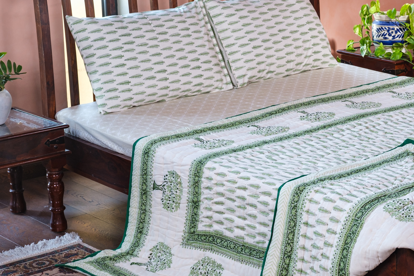 Hand Block Printed Cotton Queen Size Quilt Winter Fall Tree Vineyard 302395