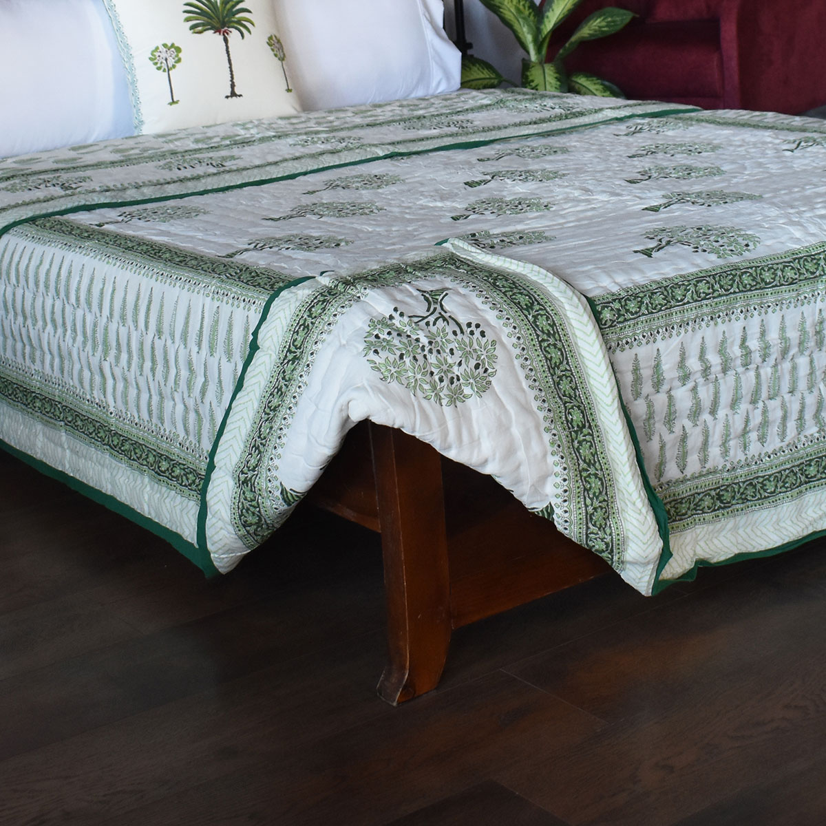 Hand Block Printed Cotton Queen Size Quilt  Winter Fall Tree Vineyard 302395