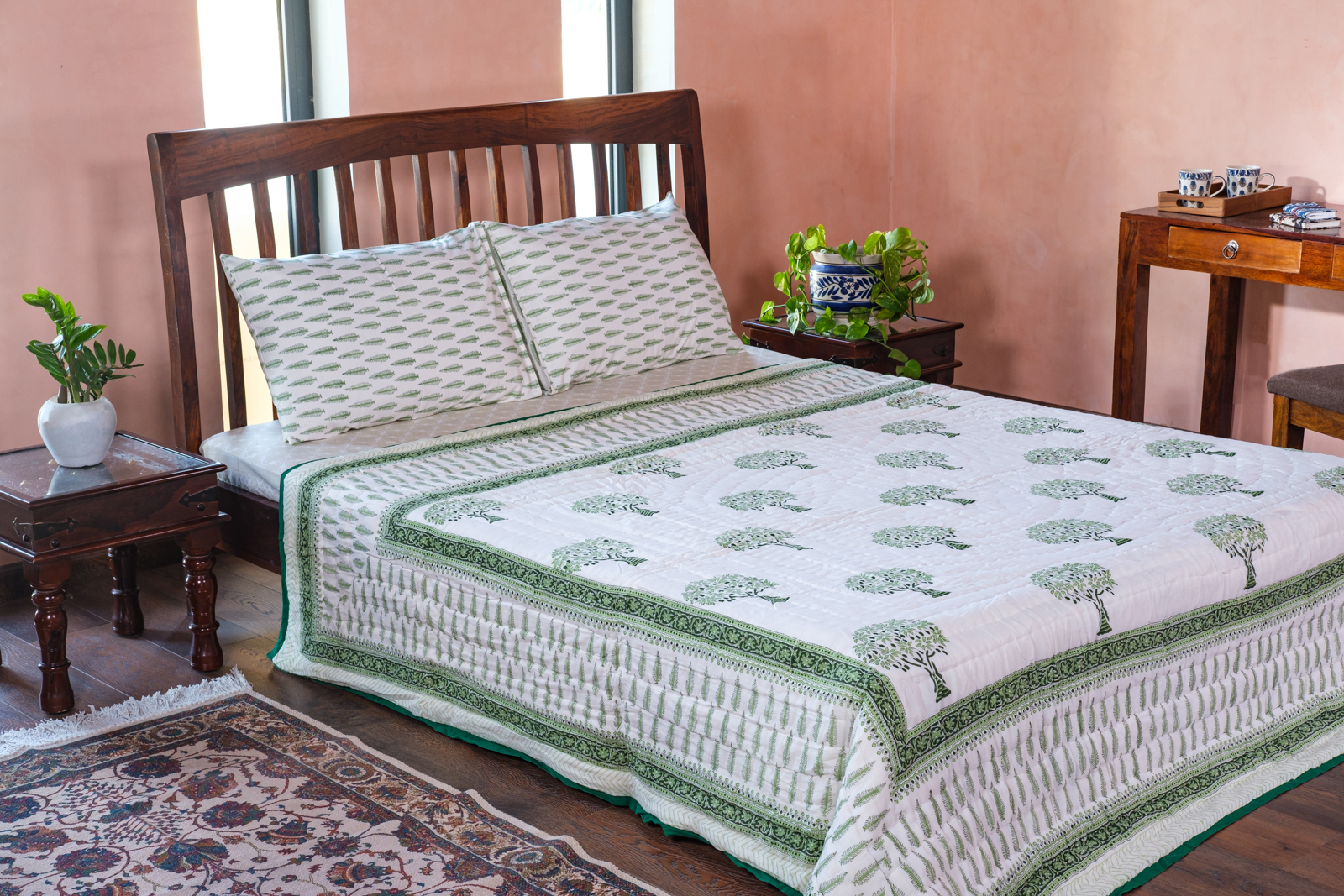 Hand Block Printed Cotton Queen Size Quilt Winter Fall Tree Vineyard 302395