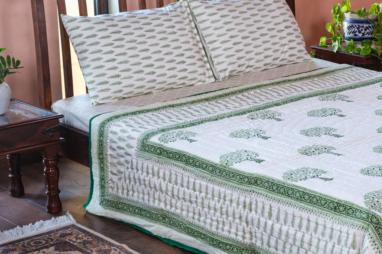 Hand Block Printed Cotton Queen Size Quilt  Winter Fall Tree Vineyard 302395