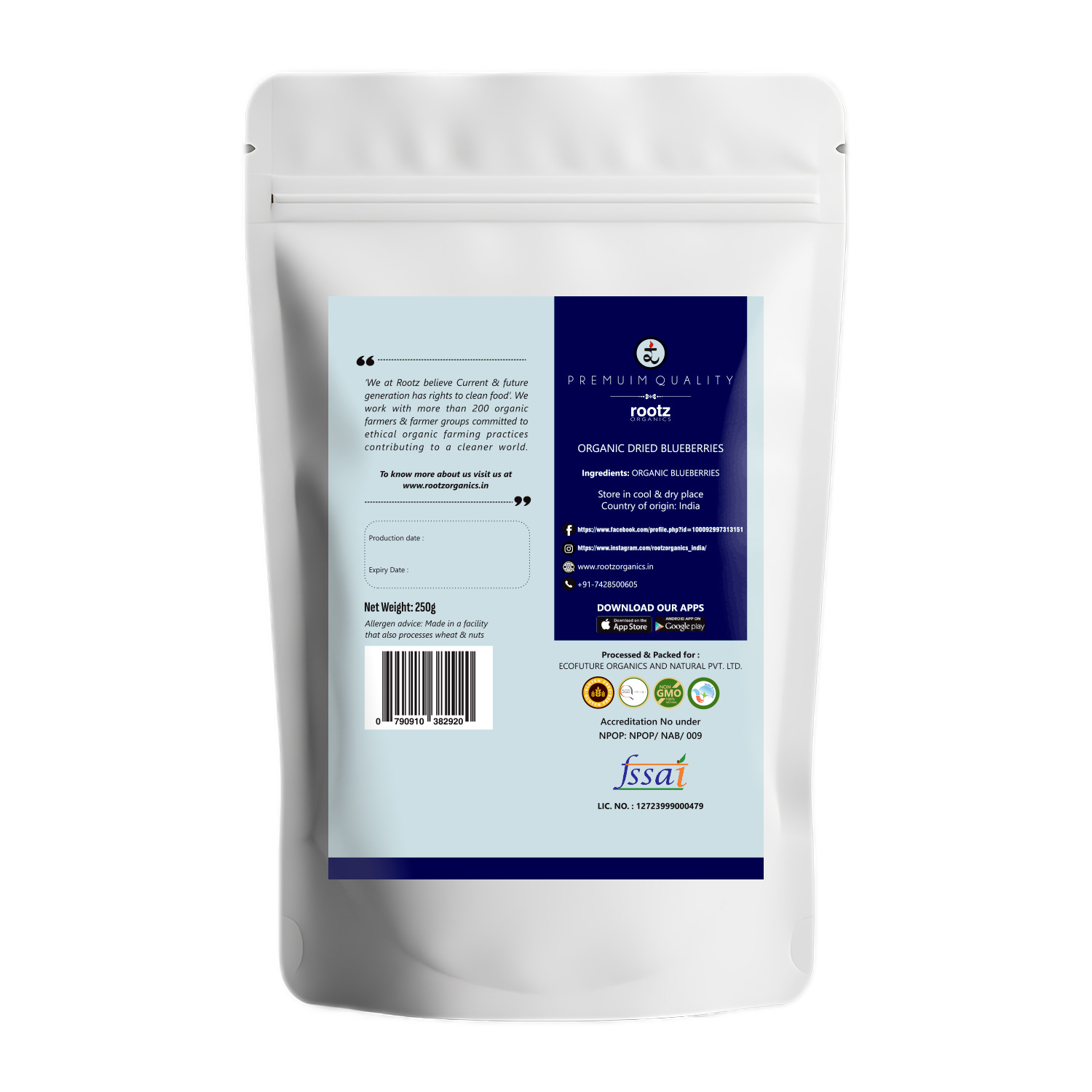 Organic Dried BlueBerries 250g