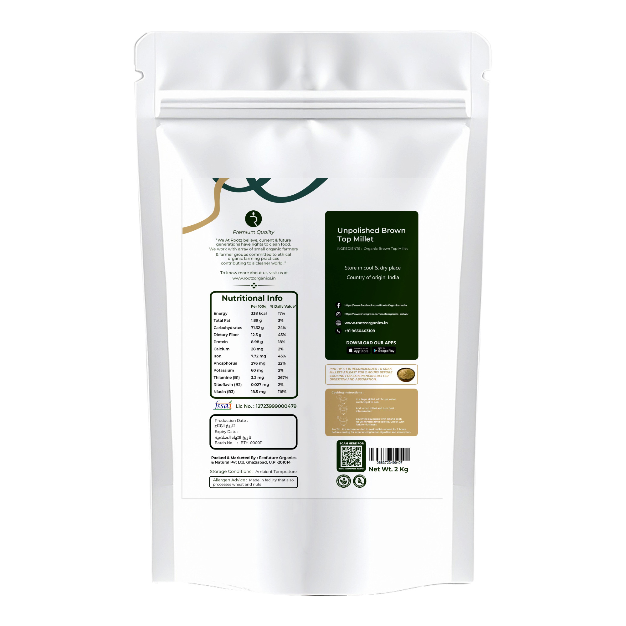 Organic Unpolished Browntop Millet 2kg