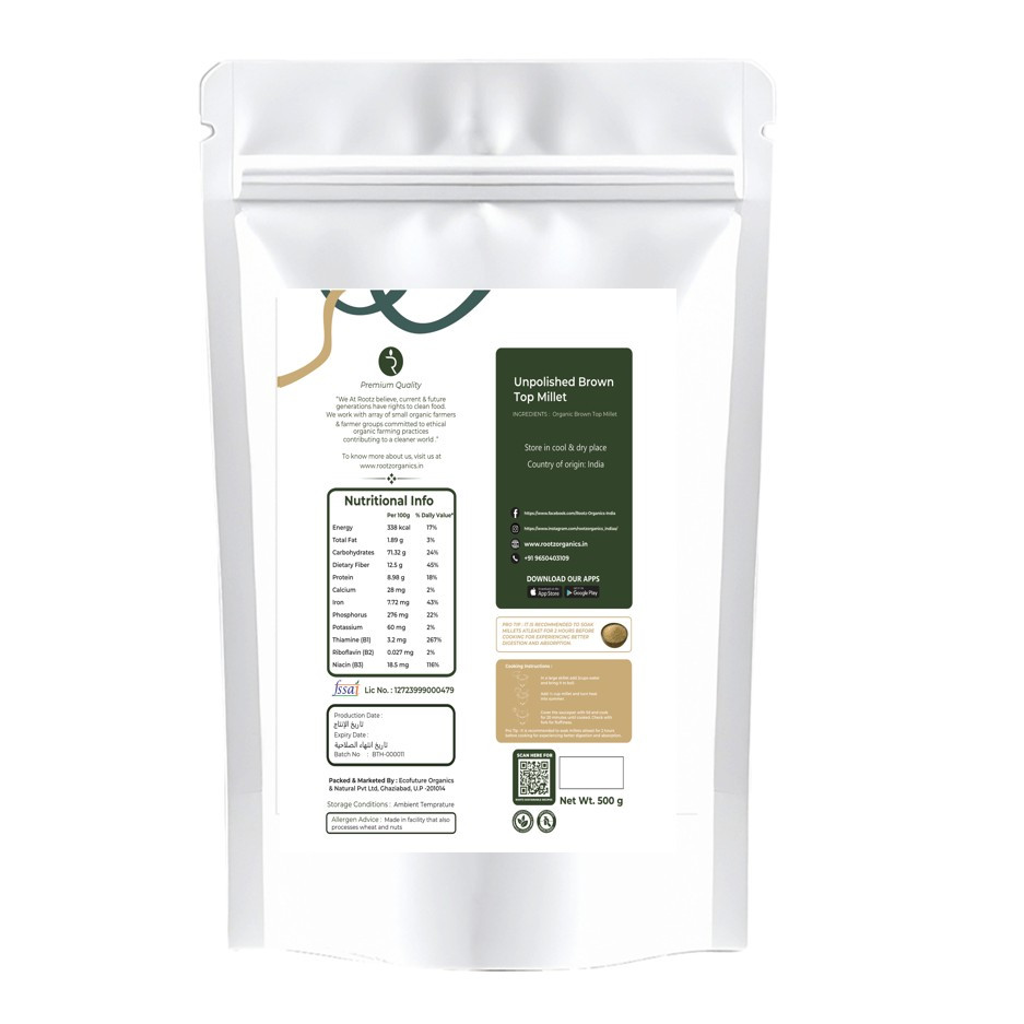 Organic Unpolished Browntop Millet 500g