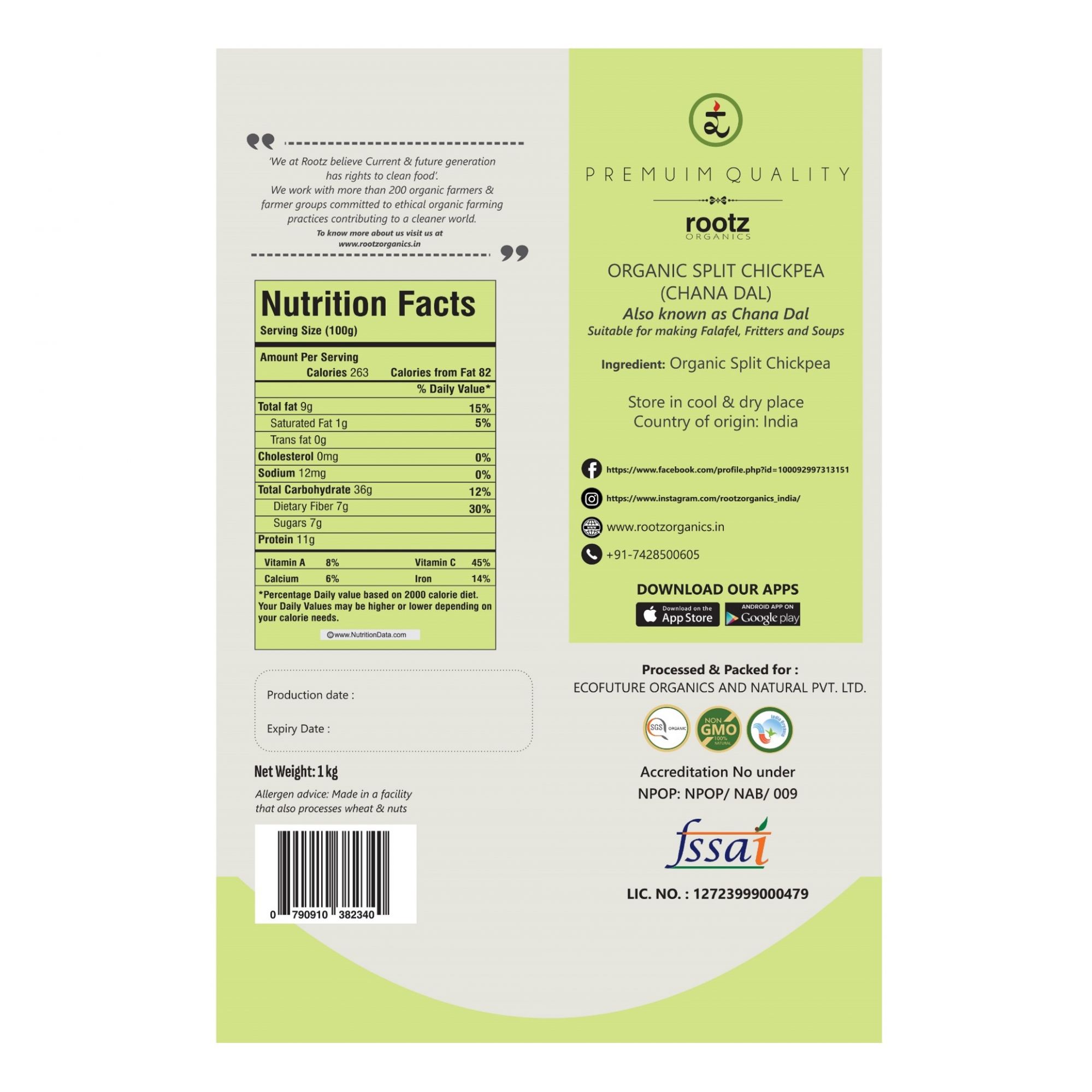 Organic split chickpea Chana Dal 500g