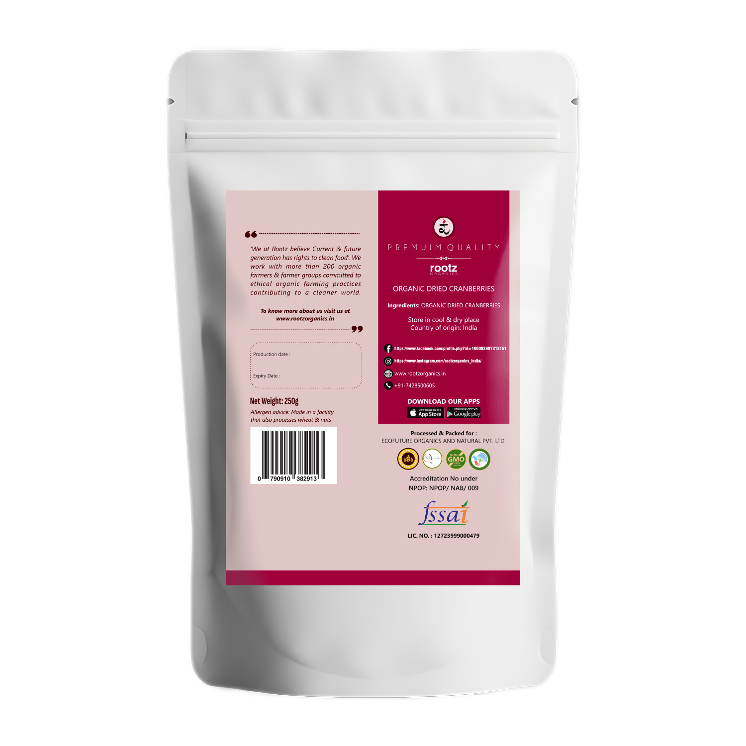 Organic Dried Cranberries 250g