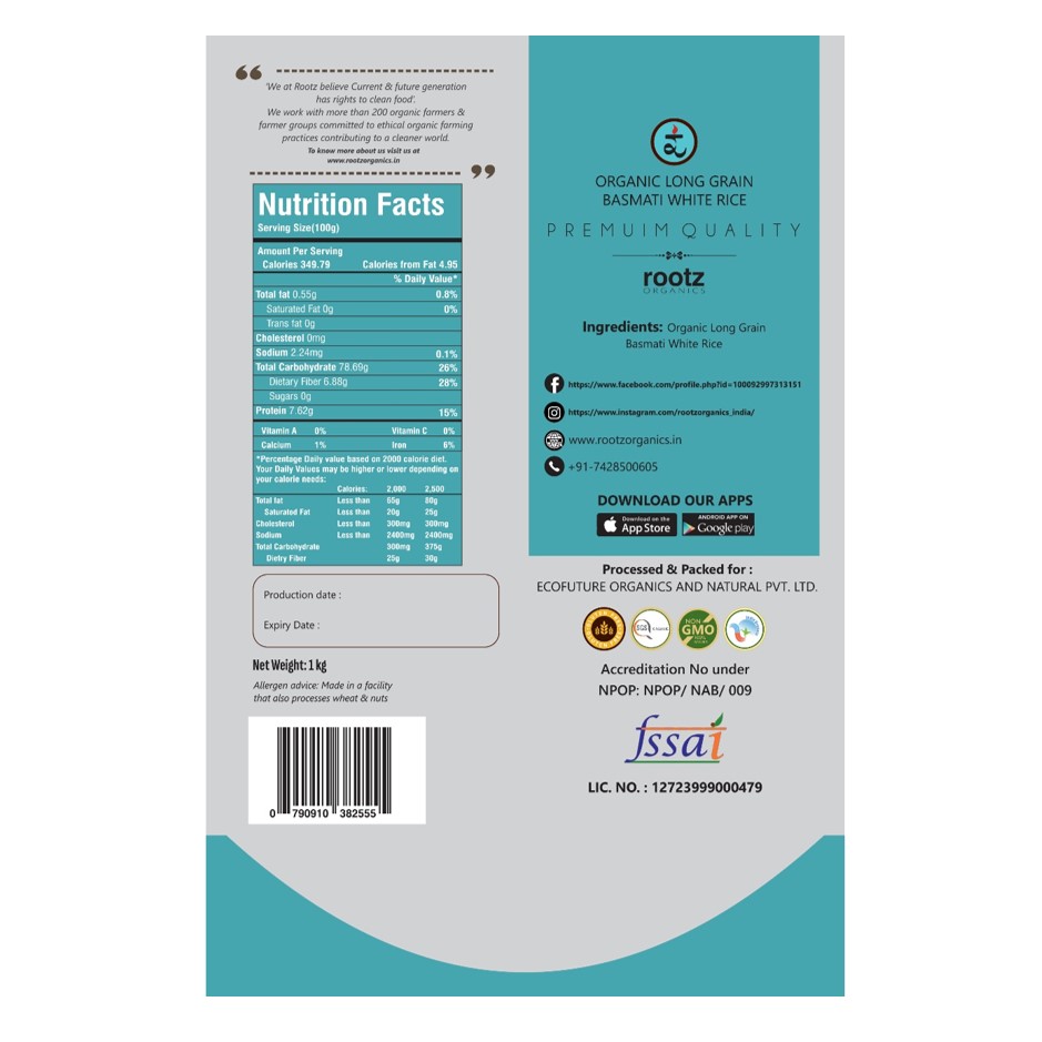 Organic Hand Pounded Long Grain Basmati White Rice 900G