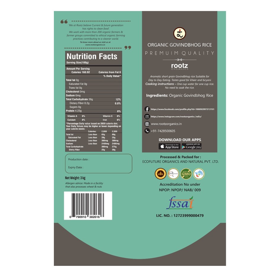 Organic Govindbhog Rice 1.8KG- Pure Aromatic Small-Grain Premium Rice | Natural Fragrance, Easy to Digest & Free from Artificial Additives