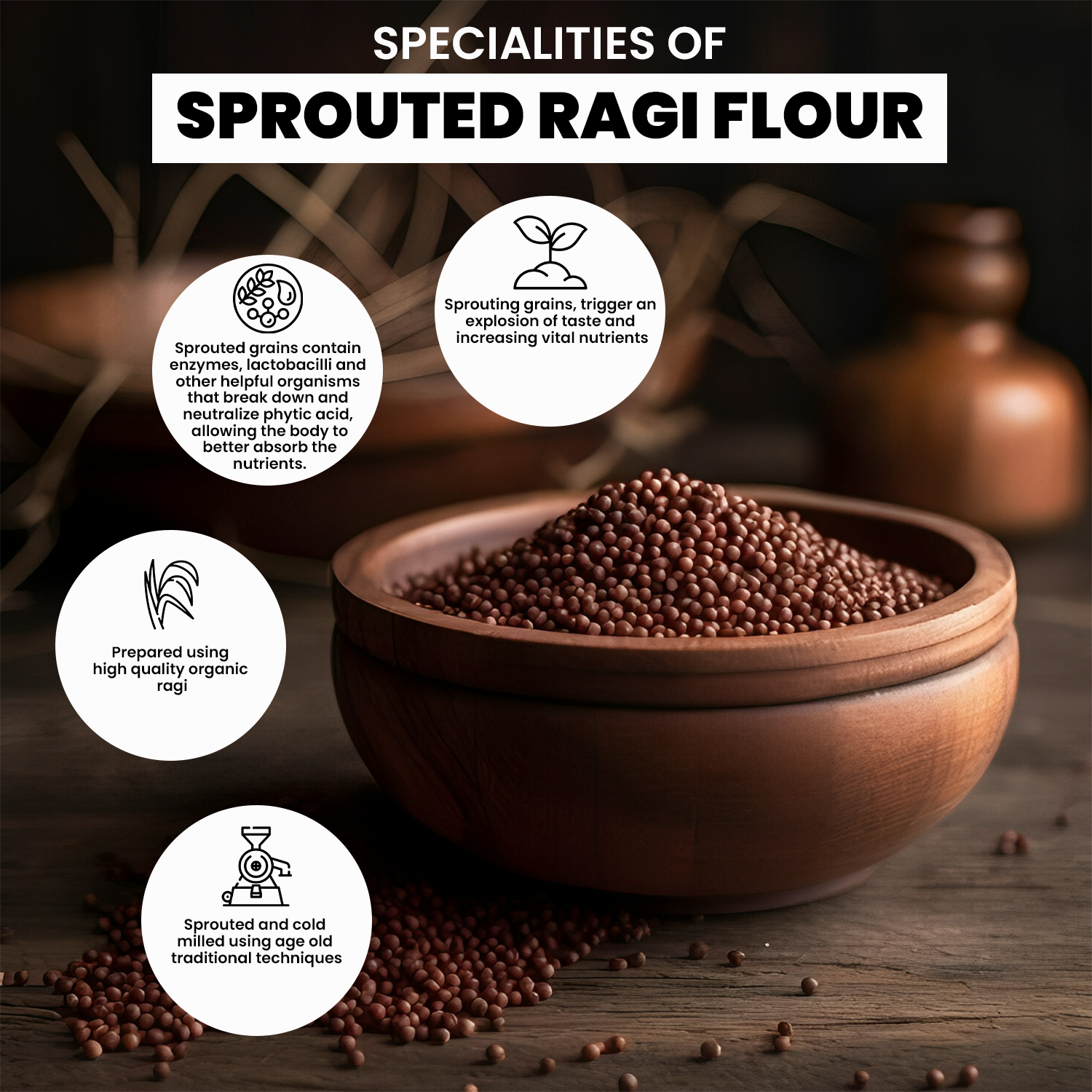 Organic Sprouted Ragi Flour 1.8KG– Calcium-Rich, Cold-Milled Superfood for Strong Bones & Anaemia Support
