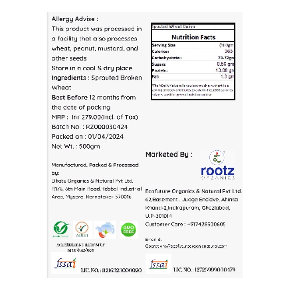Organic Sprouted Wheat Daliya 500g