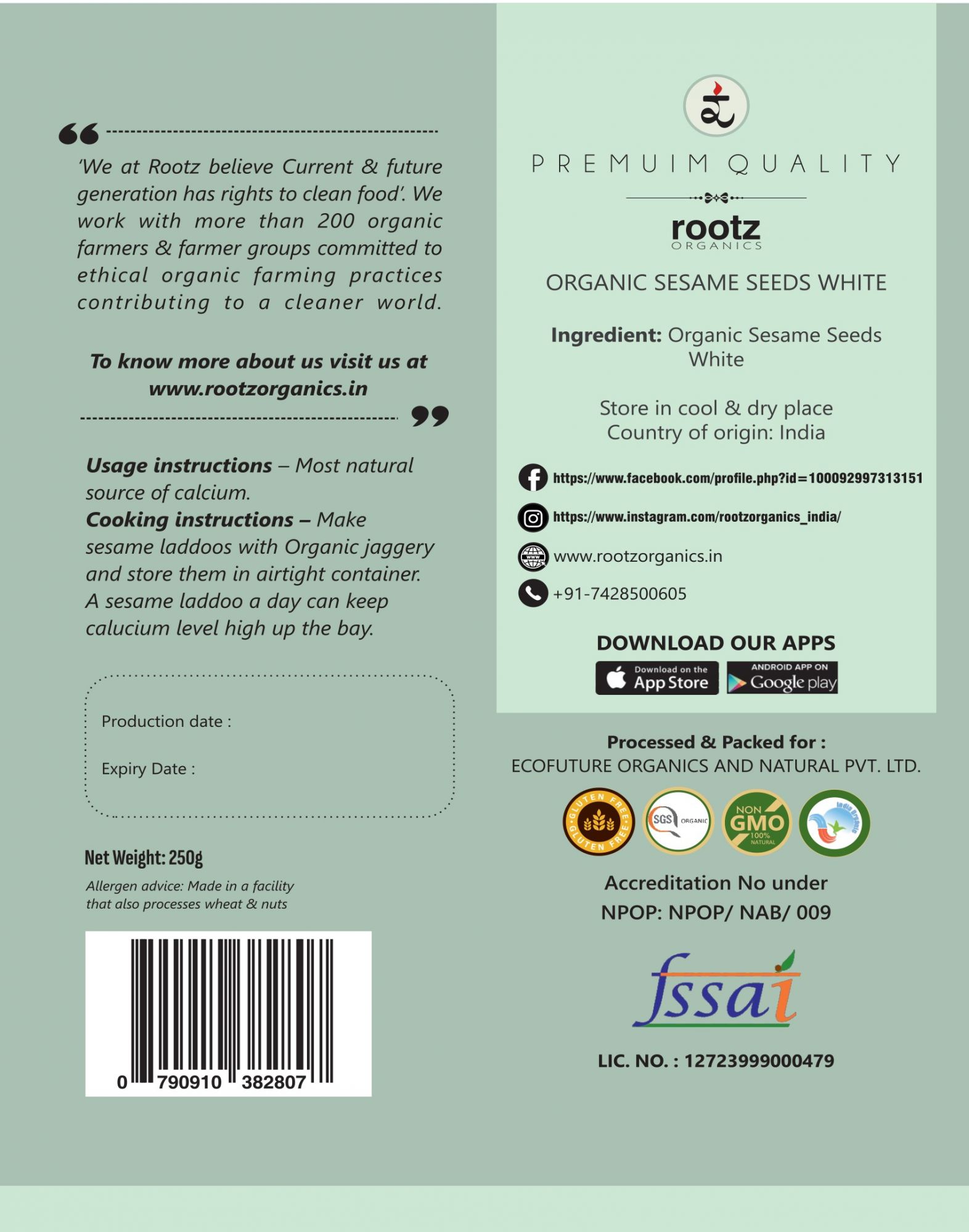 Organic Sesame Seeds White 250g