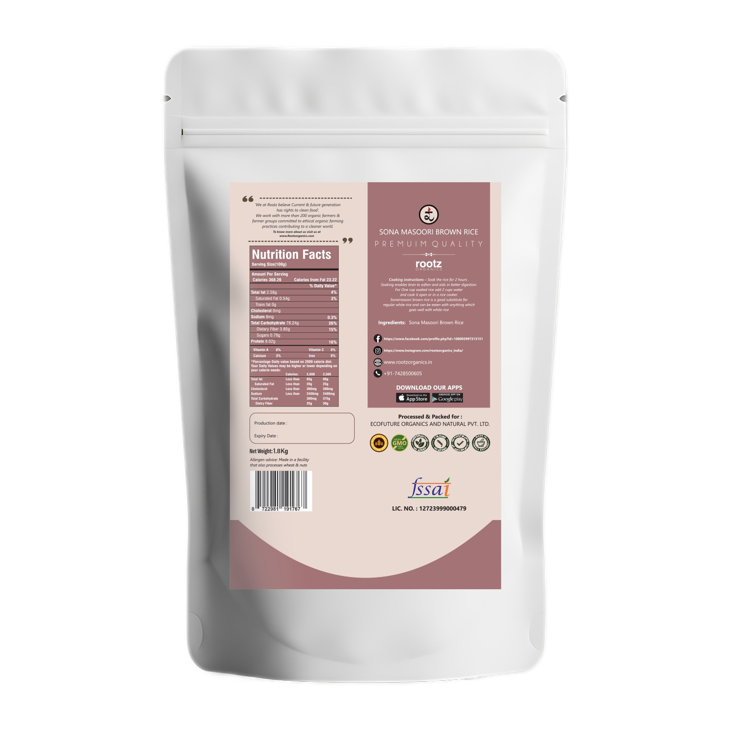 Organic Handpounded Sonamasoori Brown Rice 1.8KG
