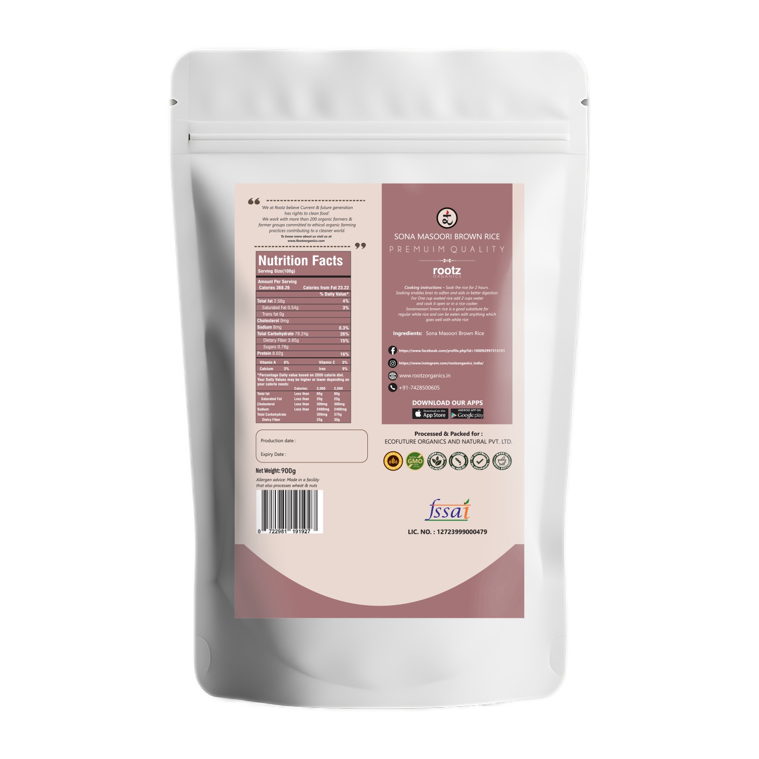 Organic Handpounded Sonamasoori Brown Rice 900G