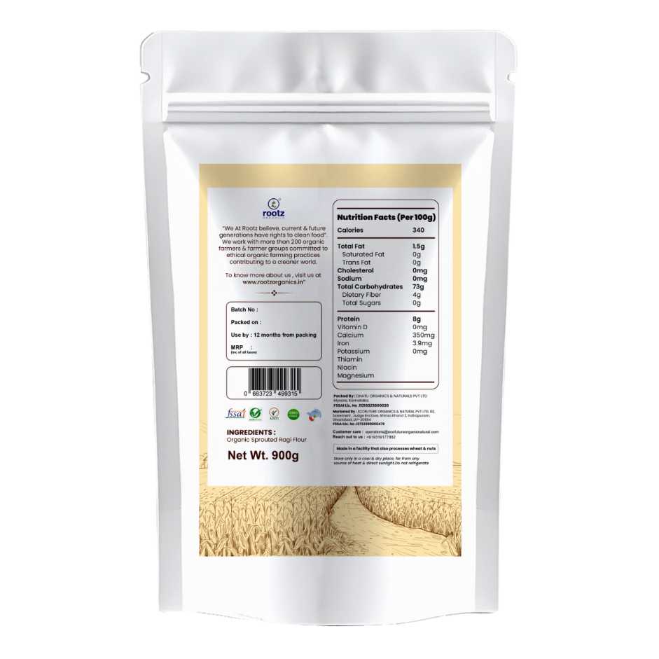Organic Sprouted Ragi Flour  900g– Calcium-Rich, Cold-Milled Superfood for Strong Bones & Anaemia Support
