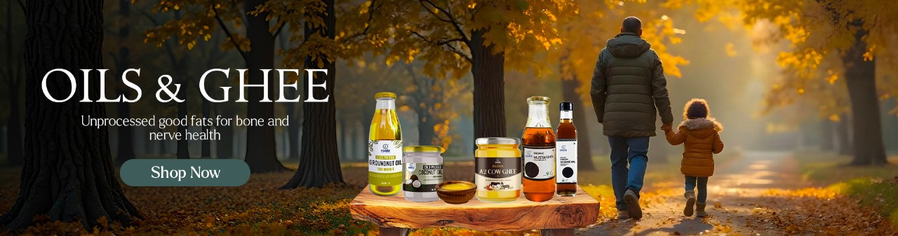 Made using traditional wood-press methods to retain nutrition and aroma. ✔ Groundnut, Coconut, Sesame &amp; Mustard Oils ✔ A2 Desi Cow Ghee from Grass-Fed Cows