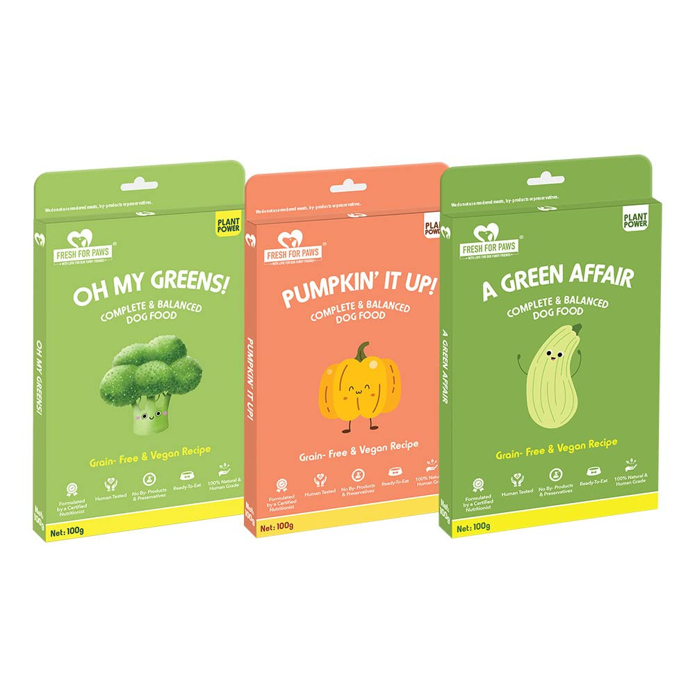 Fresh For Paws 100% Natural and Human Grade All Vegan Fresh Wet Dog Food Ready to Eat | Complete and Balanced Meals for Dogs with Healthy Fats and High Protein | Combo | Pack of 3, 300 Gram Each