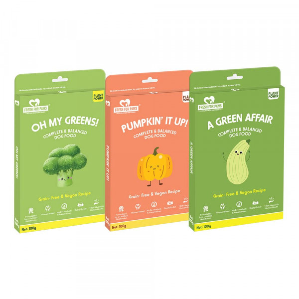 Image of Fresh For Paws 100% Natural and Human Grade All Vegan Fresh Wet Dog Food Ready to Eat | Complete and Balanced Meals for Dogs with Healthy Fats and High Protein | Combo | Pack of 3, 300 Gram Each