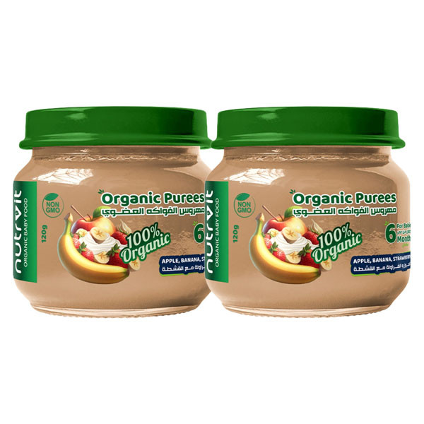 Image of Organic Apple, Banana, Strawberry And Cream Puree, 120gm - Pack of 2