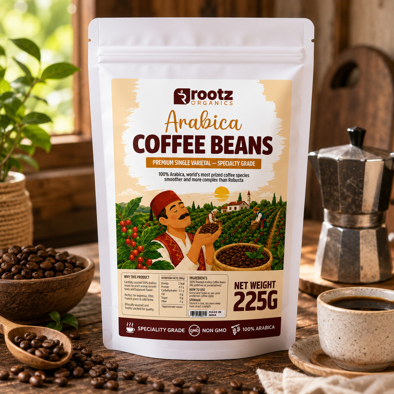 Premium Arabica Coffee Bean — Specialty Grade · 225g | Smooth, Complex, Low Bitterness | Rootz Organics UAE