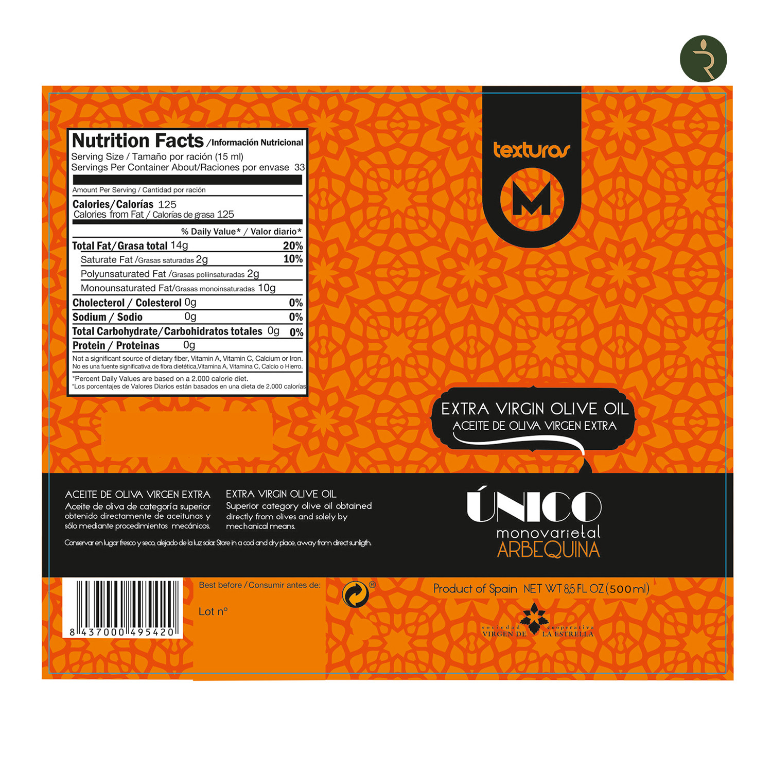 Texturas Arbequina Extra Virgin Olive Oil 500ml – Early Harvest Spanish EVOO