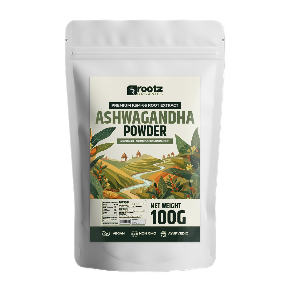 Rootz Organics Ashwagandha Powder 100g – Premium KSM-66 Root Extract for Wellness Support
