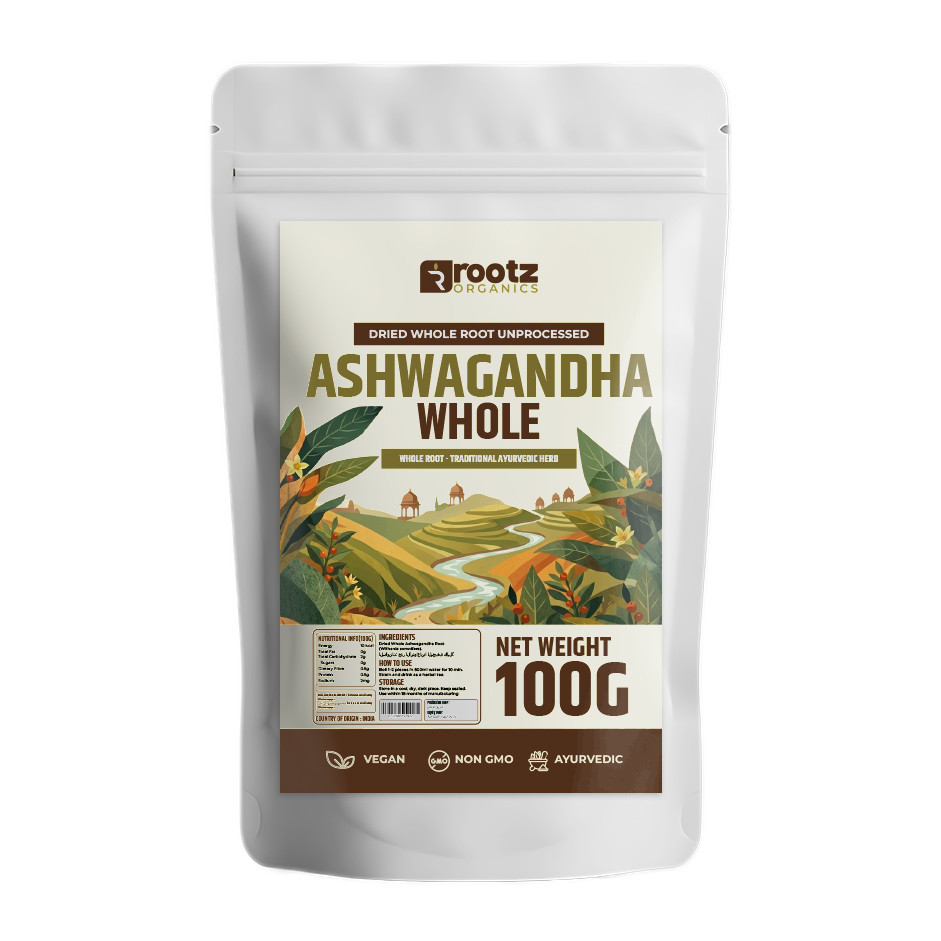 Rootz Organics Ashwagandha Whole 100g – Premium Dried Ayurvedic Root Herb
