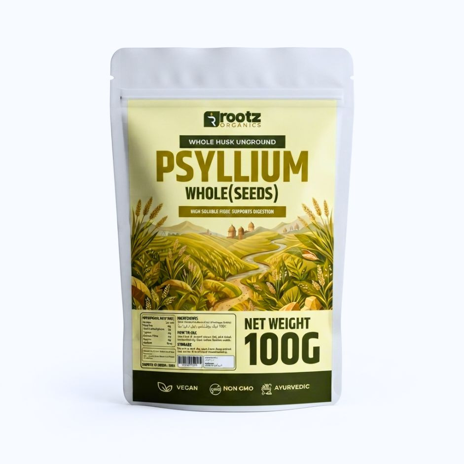 Rootz Organics Psyllium Husk Whole 100g – Whole Husk Soluble Fibre for Digestive Wellness