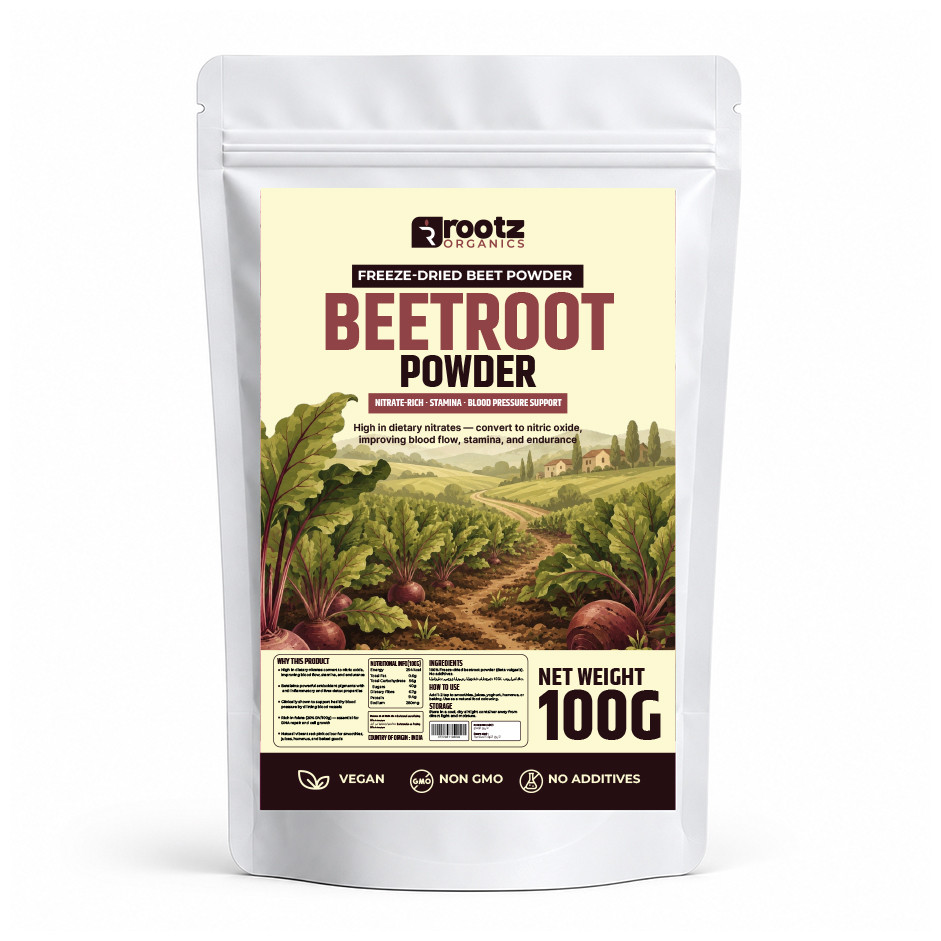 Beetroot Powder — Freeze-Dried · 100g | Dietary Nitrates | Blood Pressure + Stamina | Rootz Organics UAE