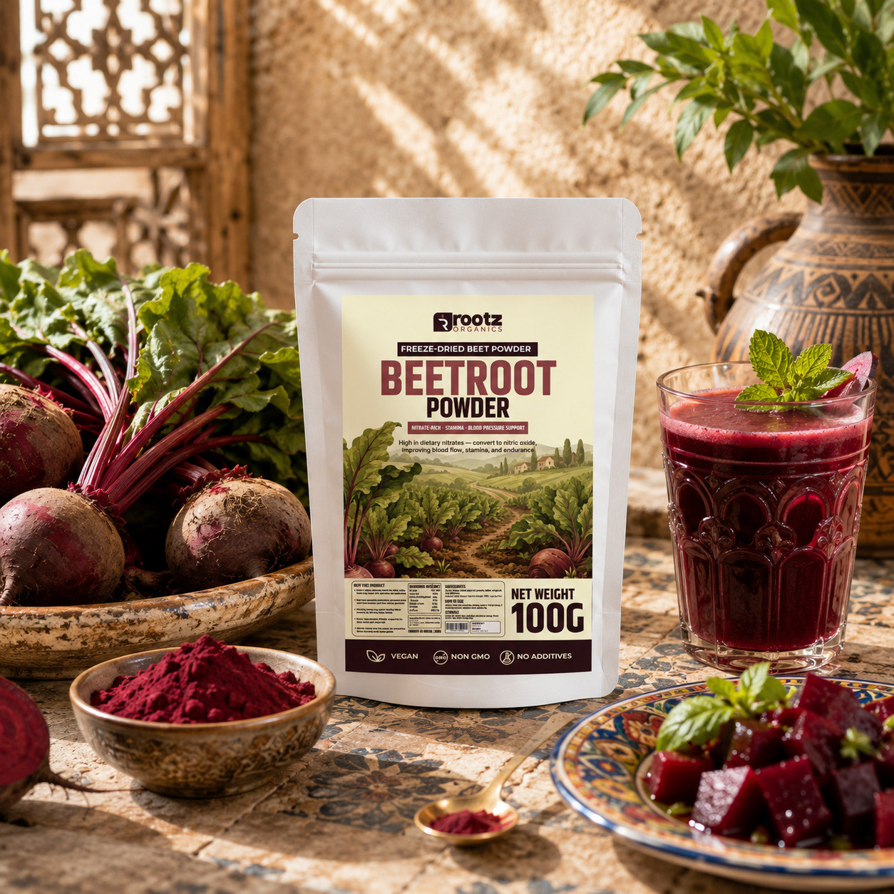 Beetroot Powder — Freeze-Dried · 100g | Dietary Nitrates | Blood Pressure + Stamina | Rootz Organics UAE