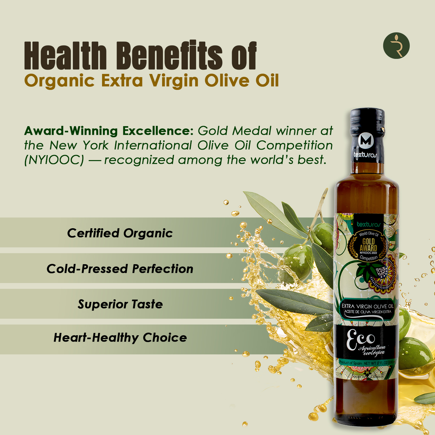 Texturas Organic Eco Agricultura Ecológica Extra Virgin Olive Oil 500ml – Award-Winning Spanish EVOO