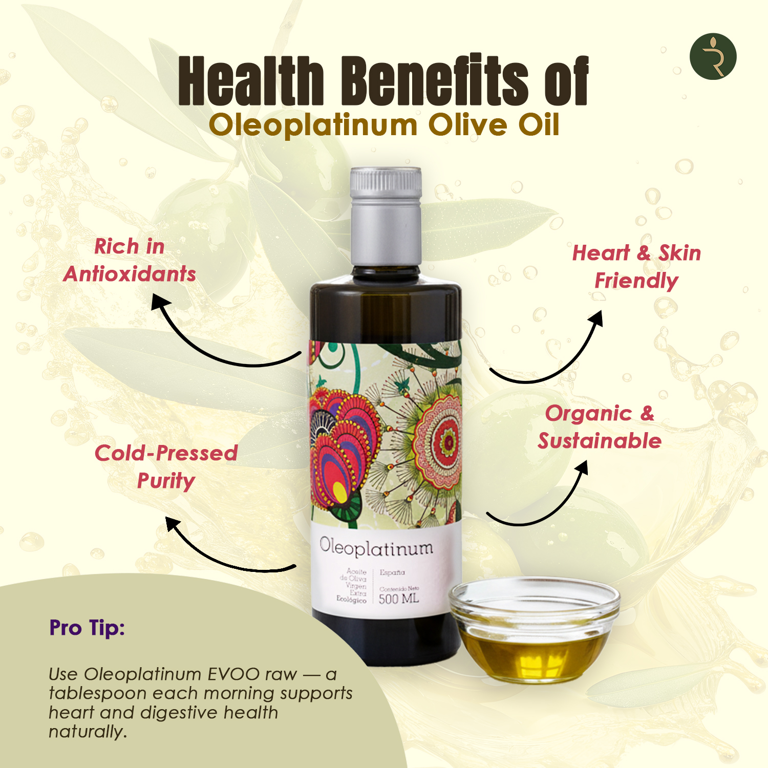 Oleoplatinum Organic Extra Virgin Olive Oil 500ml – Early Harvest Spanish EVOO