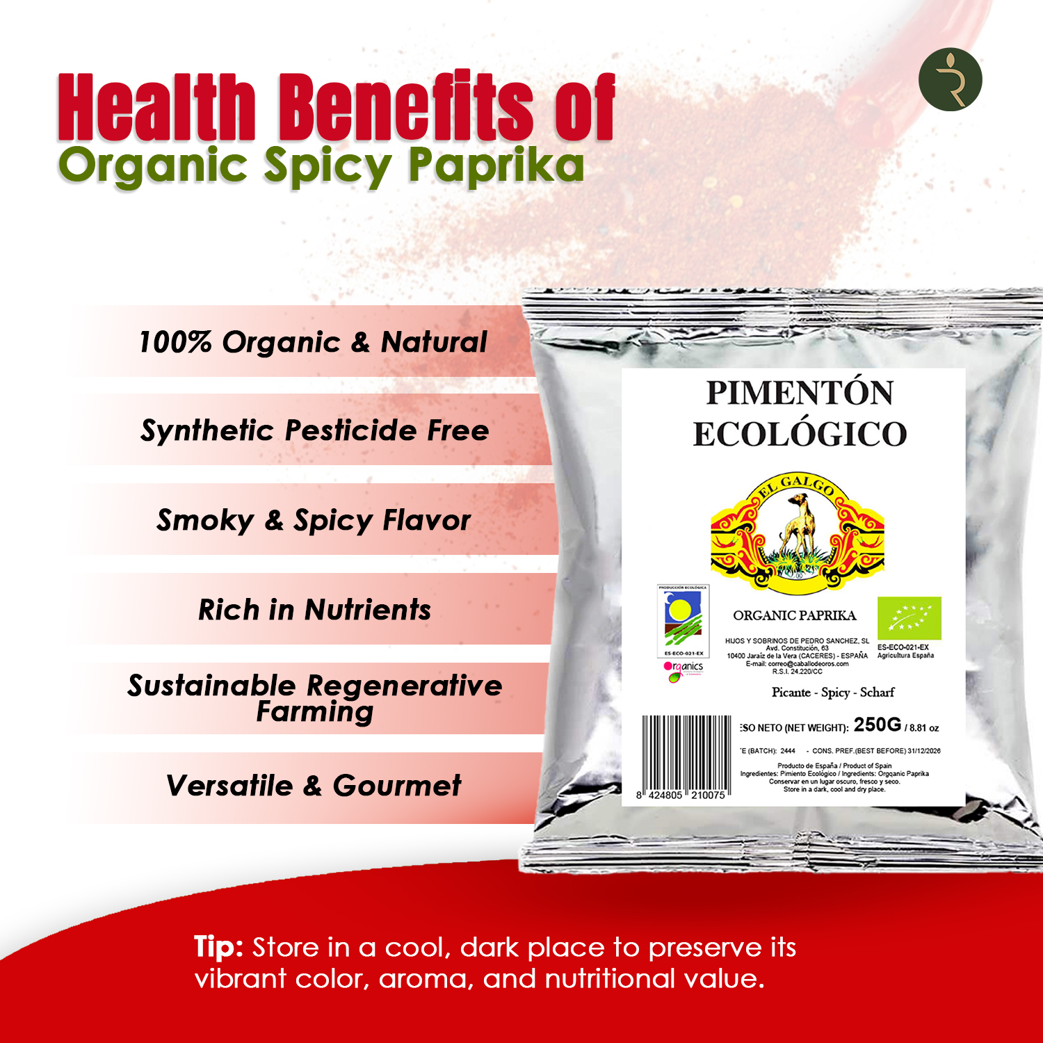 El Galgo Organic Smoked Paprika 250g – Premium Spanish Spice-Refill pouch