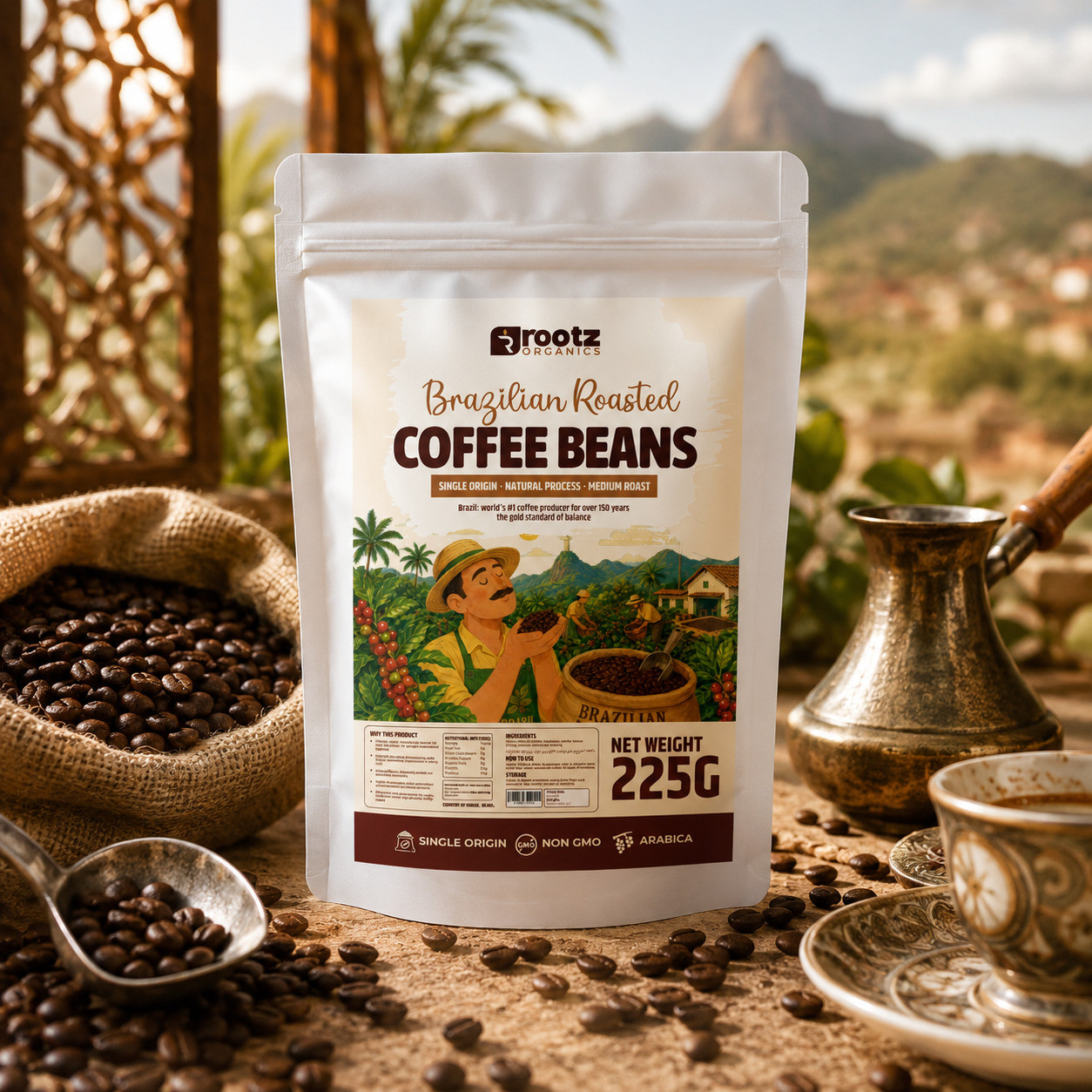 Brazilian Roasted Coffee Bean — Single Origin · Medium Roast · 225g | Nutty, Chocolatey, Low Acid | Rootz Organics UAE