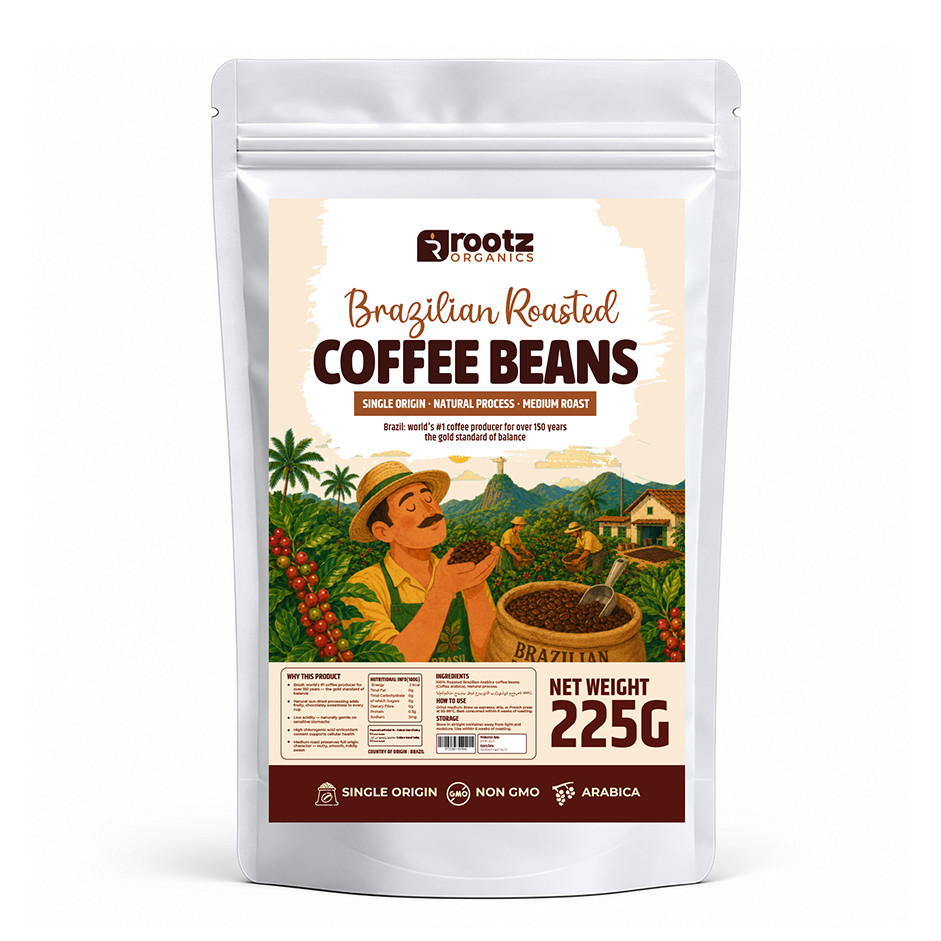 Brazilian Roasted Coffee Bean — Single Origin · Medium Roast · 225g | Nutty, Chocolatey, Low Acid | Rootz Organics UAE