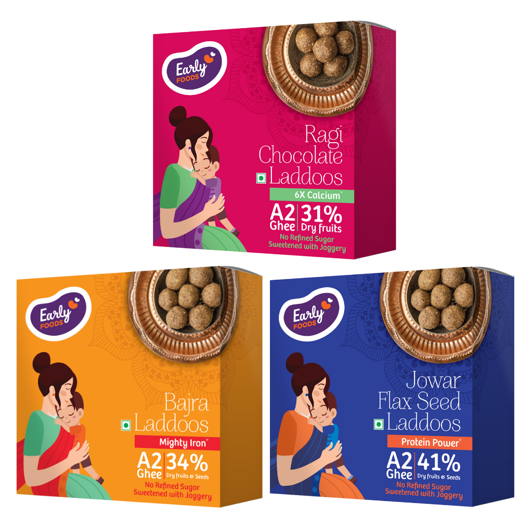Early Foods pack of 3 - Jowar & Flax Seeds Laddoo, Ragi Chocolate Laddoos, Bajra Laddoo 250 gms