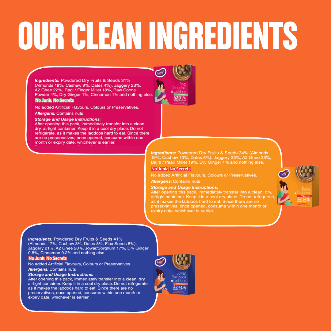 Early Foods pack of 3 - Jowar & Flax Seeds Laddoo, Ragi Chocolate Laddoos, Bajra Laddoo 250 gms