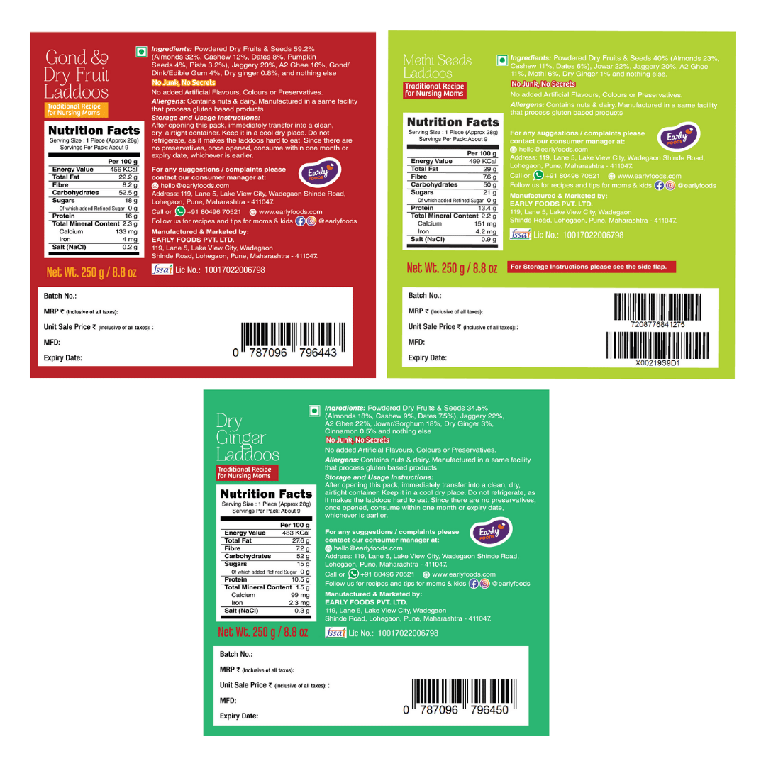 Early Foods Pack of 3 - Gond & Dry Fruits Laddoo ,Methi Laddoo, Dry Ginger Laddoo 250 gms