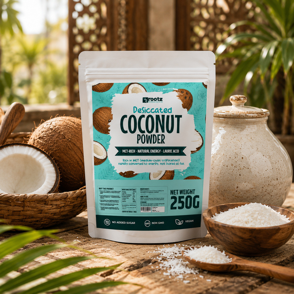 Desiccated Coconut Powder - 250g | MCT-Rich | No Sugar Added | Keto & Baking Friendly | Rootz Organics UAE