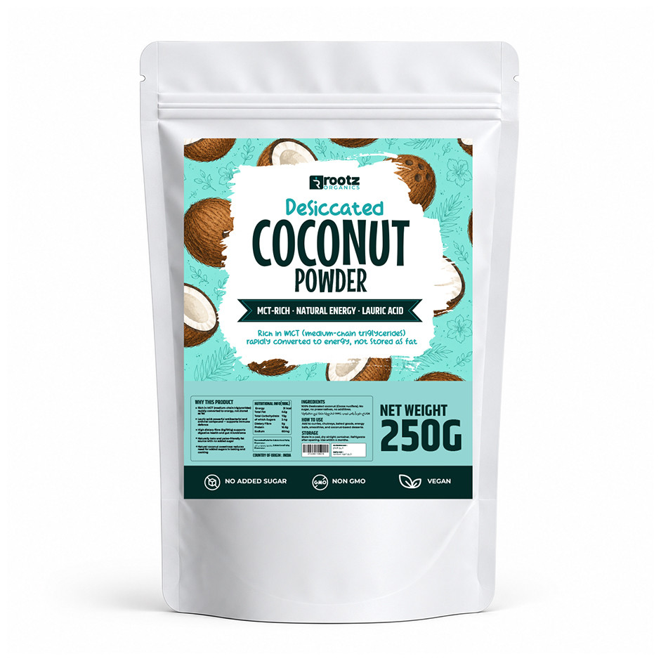Desiccated Coconut Powder - 250g | MCT-Rich | No Sugar Added | Keto & Baking Friendly | Rootz Organics UAE